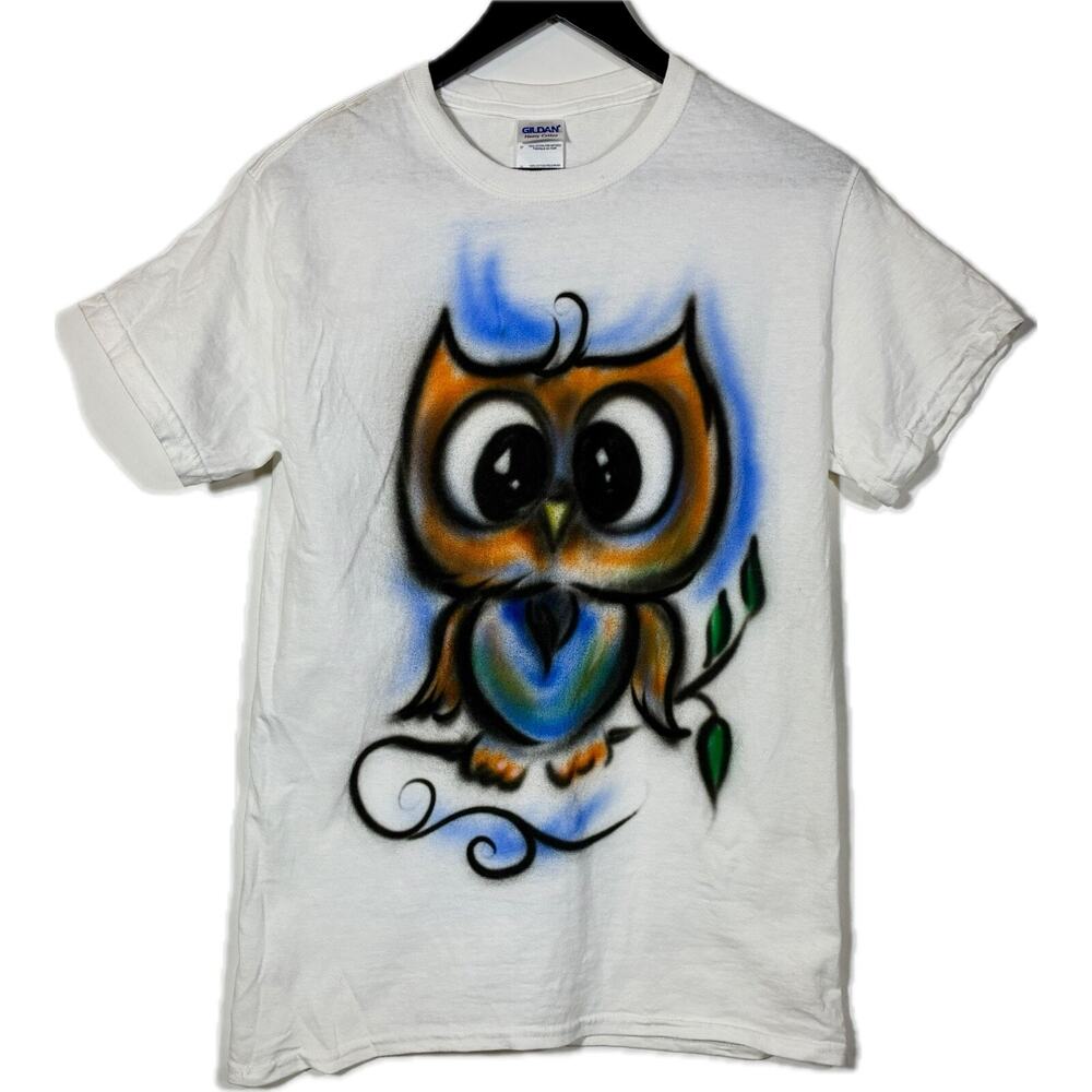 Y2K Vintage White Airbrush Owl Air Brush T-shirt Size Small Cute Bird Retro Art